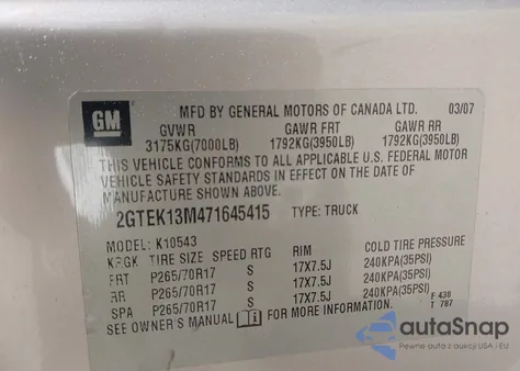 2007 GMC Sierra 1500 Slt z USA, uszkodzony, nr VIN 2GTEK13M471645415